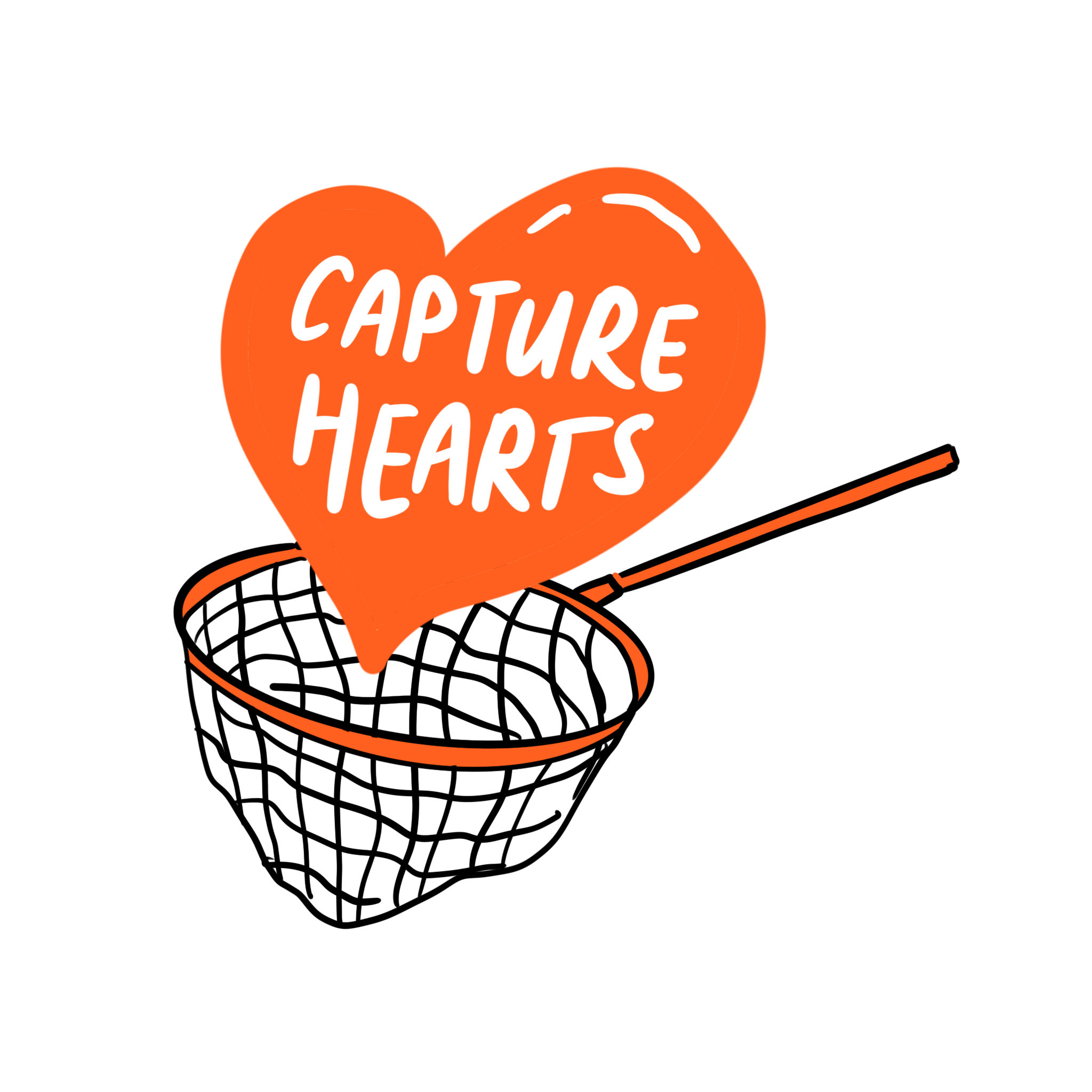 An illustrated orange heart with ' Capture hearts' written inside falling into a net