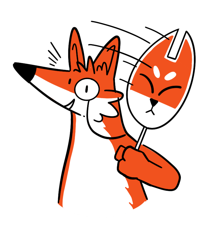 Illustrated fox looking forward and smiling while holding a mask