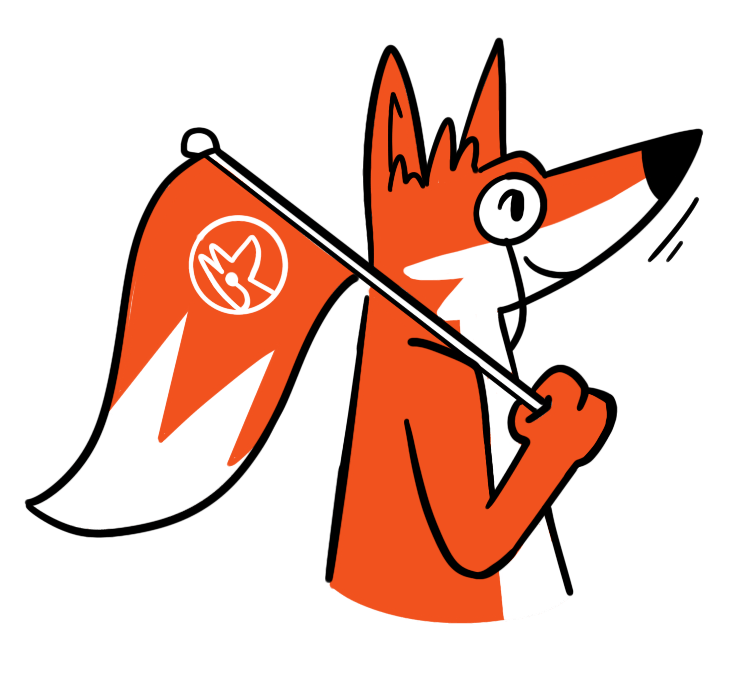 Illustrated fox looking to the right and holding a fox tail flag