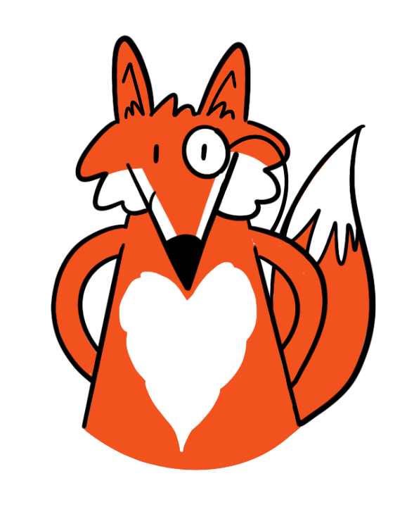 Illustrated fox with a heart pattern on their chest smiling