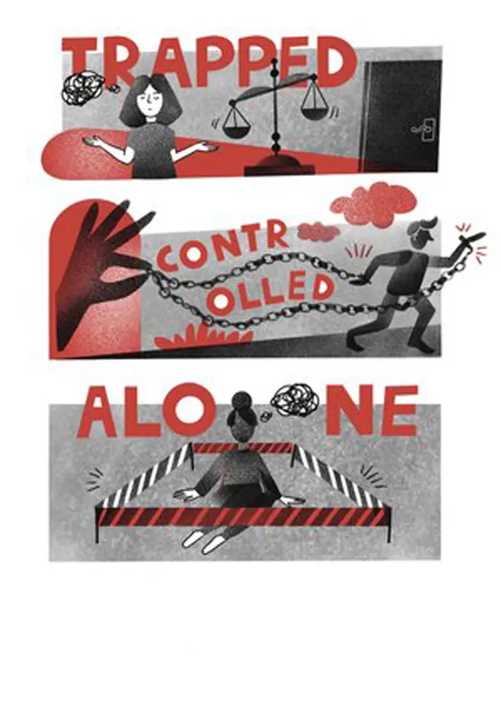 Illustrated 'Trapped', 'Controlled' and 'Alone' text