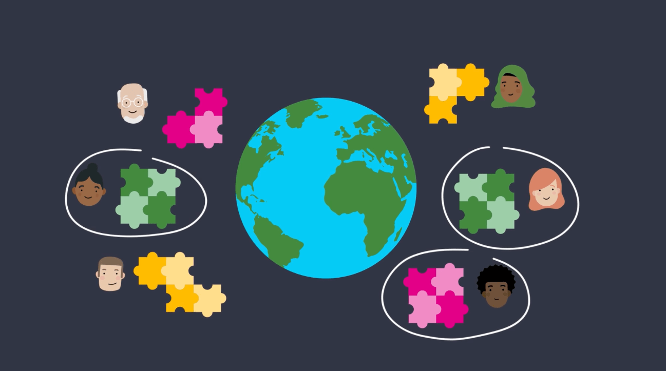 Illustration of the world with different faces surrounding it alongside puzzle pieces